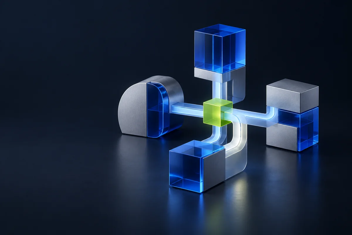 Connected blue and glass modules representing integration between business applications.